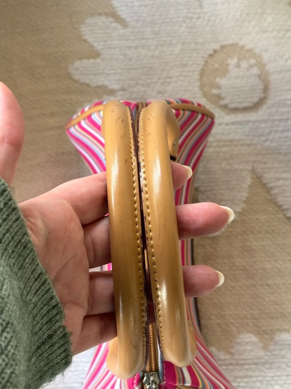 Striped Pink Multi-Color Canvas Satchel with Tan Handles - Picture 6 of 12